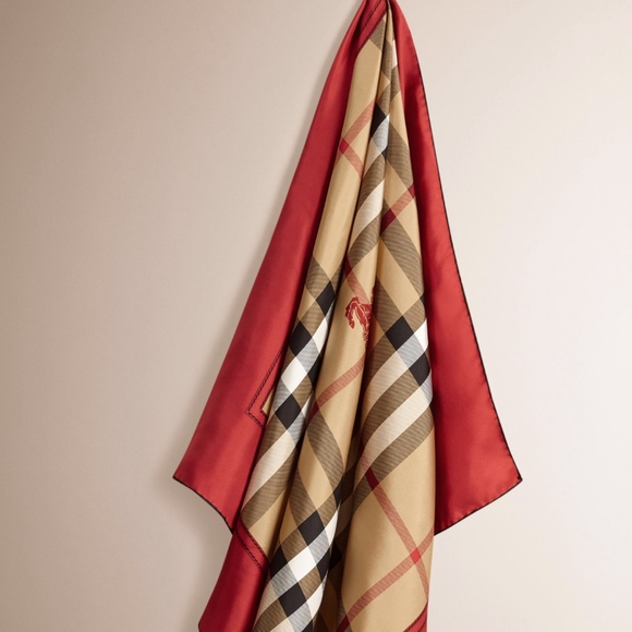 Display # 2 Burberry New Classic Check Pattern Red Border Silk Scarf - Picture 13 of 16